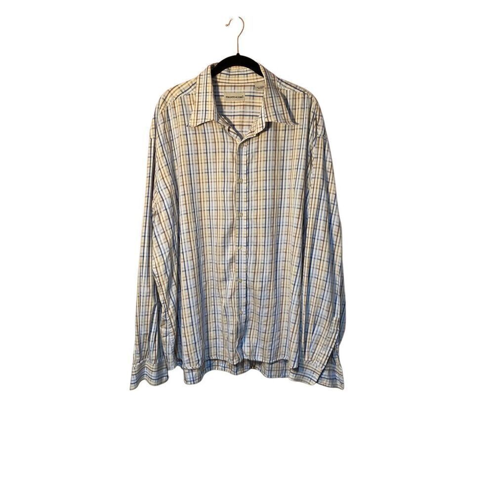 Pronto Uomo men’s button up long sleeve, blue plaid shirt, size, XL